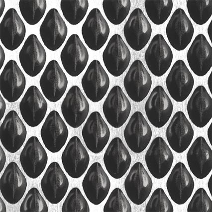 A repeating geometric pattern of black oval or teardrop shapes arranged in neat rows against a white background, creating a uniform tessellated design.